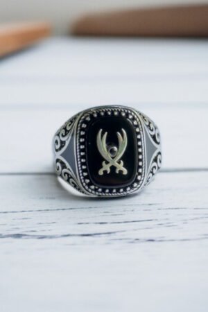 Black Onyx Stone with Zulfiqar Turkish 925 Silver Gent's Ring