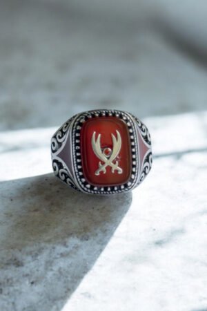 Red Aqeeq Stone with Zulfiqar Turkish 925 Silver Gent's Ring