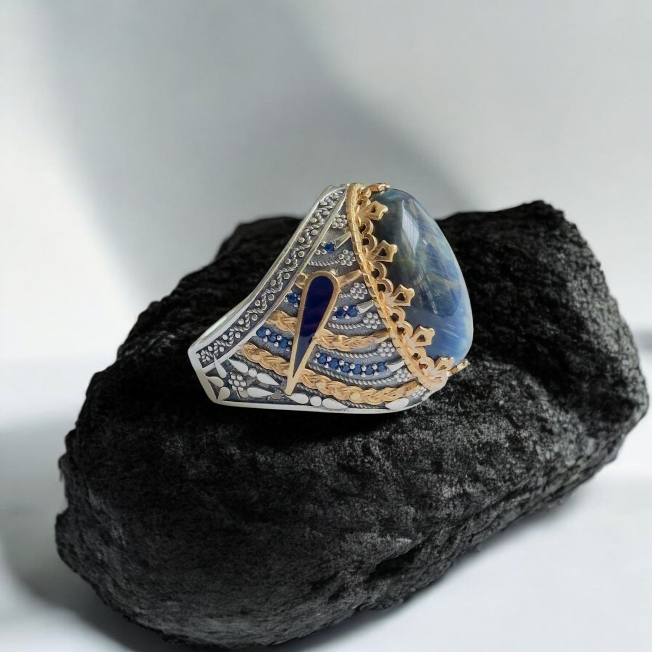 Blue Tiger Eye Stone Turkish 925 Silver Gent's Ring