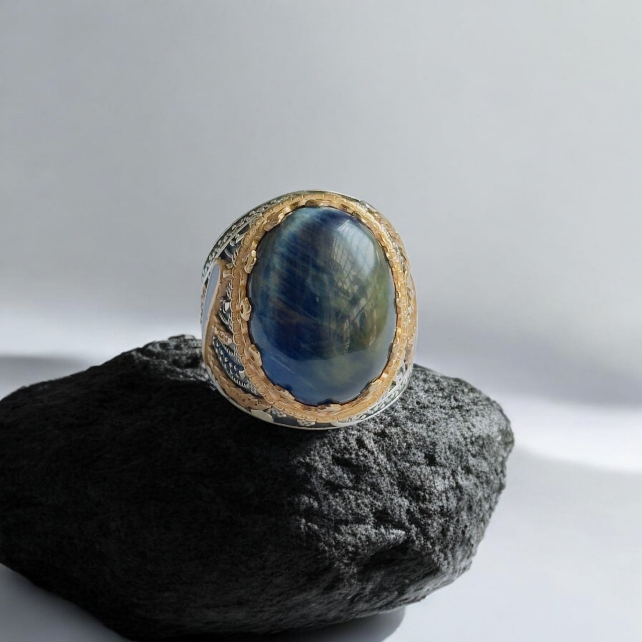 Blue Tiger Eye Stone Turkish 925 Silver Gent's Ring - Image 2