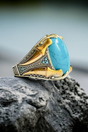 Feroza Stone with Zulfiqar Turkish 925 Silver Gent's Ring