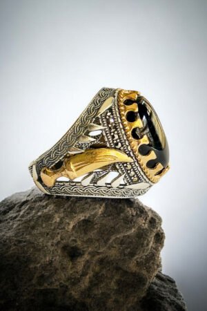 Black Aqeeq Stone with Zulfiqar Turkish 925 Silver Gent's Ring