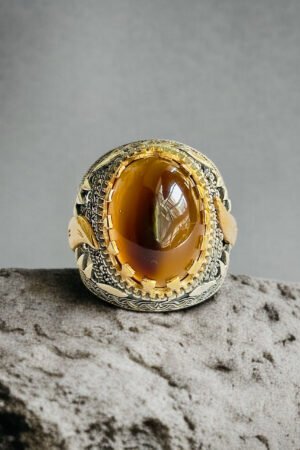 Yemeni Aqeeq Stone with Zulfiqar Turkish 925 Silver Gent's Ring