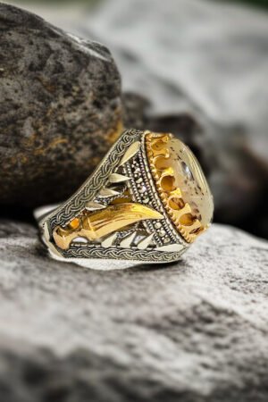 Yemeni Aqeeq Stone with Zulfiqar Turkish 925 Silver Gent's Ring