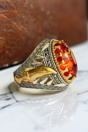 Amber Stone with Zulfiqar Turkish 925 Silver Gent's Ring