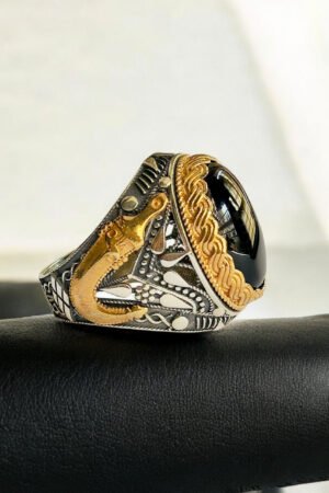 Black Aqeeq Stone with Zulfiqar Turkish 925 Silver Gent's Ring