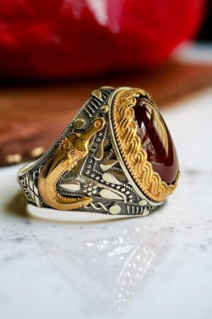 Red Yemeni Aqeeq Stone with Zulfiqar Turkish 925 Silver Gent's Ring