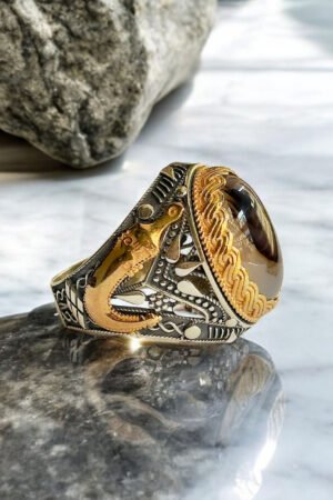 Yemeni Aqeeq Stone with Zulfiqar Turkish 925 Silver Gent's Ring
