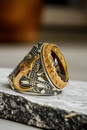 Tiger Eye Stone with Zulfiqar Turkish 925 Silver Gent's Ring