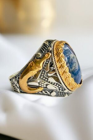Blue Tiger Eye Stone with Zulfiqar Turkish 925 Silver Gent's Ring