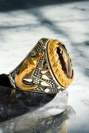 Yemeni Aqeeq Stone with Zulfiqar Turkish 925 Silver Gent's Ring