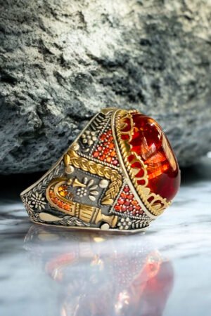 Amber Stone with Zulfiqar Turkish 925 Silver Gent's Ring