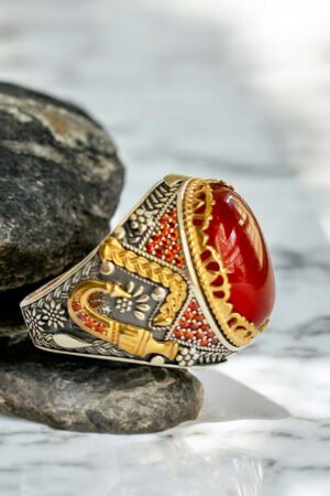 Red Yemeni Aqeeq Stone with Zulfiqar Turkish 925 Silver Gent's Ring