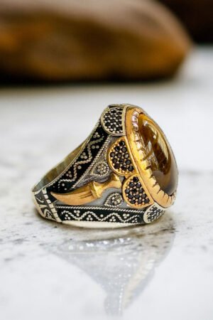 Tiger Eye Stone with Zulfiqar Turkish 925 Silver Gent's Ring