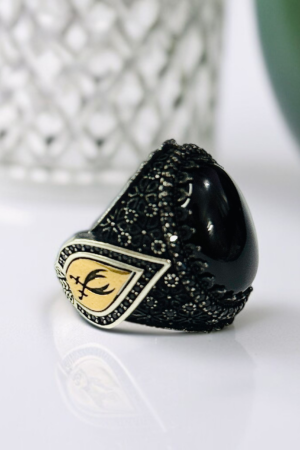 Black Aqeeq with Zulfiqar Turkish 925 Silver Gent's Ring