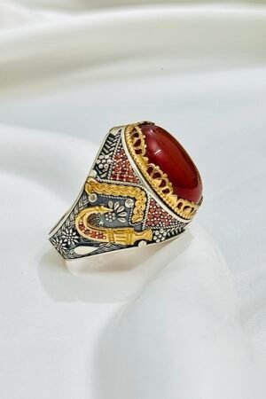 Red Yemeni Aqeeq Stone with Zulfiqar Turkish 925 Silver Gent's Ring
