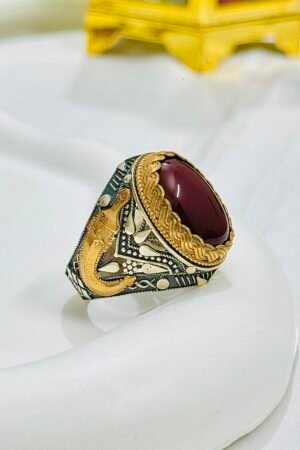 Red Yemeni Aqeeq Stone with Zulfiqar Turkish 925 Silver Gent's Ring