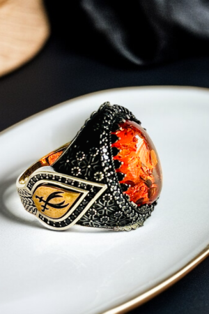 Amber Stone with Zulfiqar Turkish 925 Silver Gent's Ring