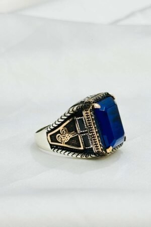Navy Blue Zircon with Arabic Calligraphy Turkish 925 Silver Gent's Ring
