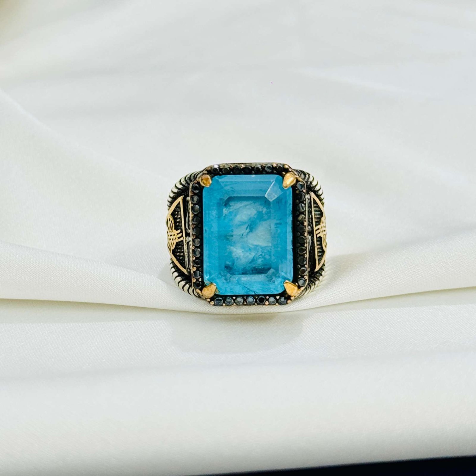 Aquamarine Stone with Arabic Calligraphy Turkish 925 Silver Gent's Ring - Image 2