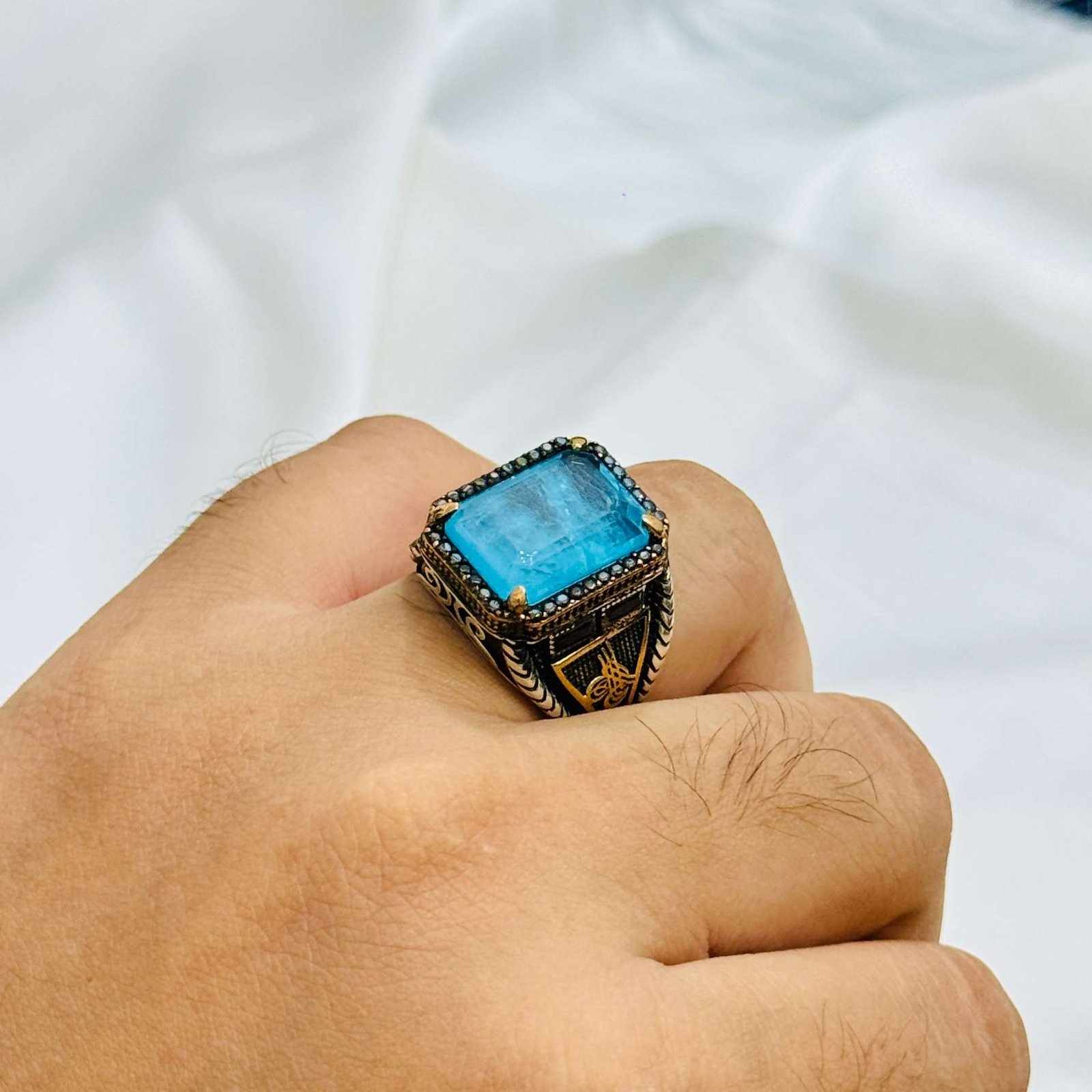Aquamarine Stone with Arabic Calligraphy Turkish 925 Silver Gent's Ring - Image 3