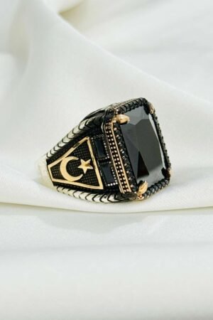 Black Zircon with Moon_Star Turkish 925 Silver Gent's Ring