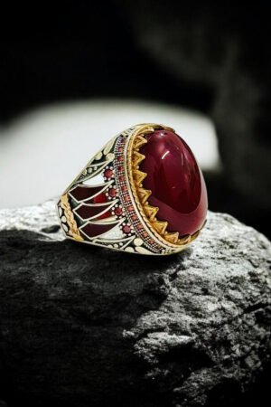 Red Yemeni Aqeeq Stone Turkish 925 Silver Gent's Ring