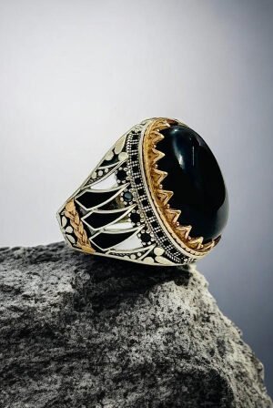 Black Aqeeq Stone Turkish 925 Silver Gent's Ring