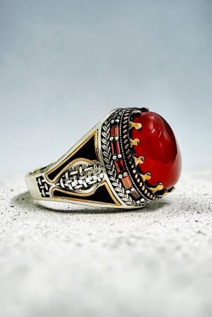 Red Yemeni Aqeeq Turkish 925 Silver Gent's Ring