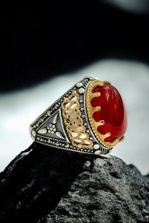 Red Yemeni Aqeeq Stone Turkish 925 Silver Gent's Ring