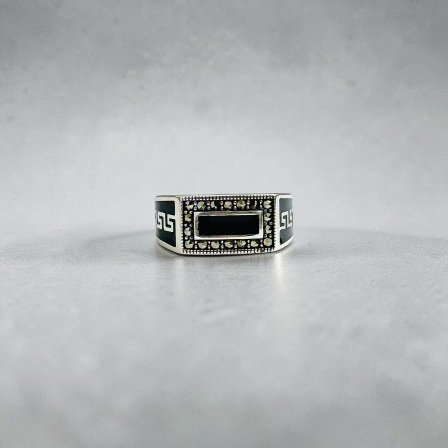Ancient Greek Meander with zircon Stone Turkish 925 Silver Gent's Ring - Image 2