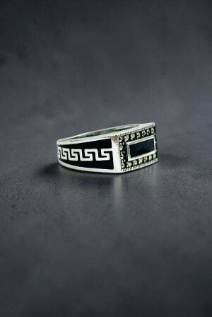 Ancient Greek Meander with zircon Stone Turkish 925 Silver Gent's Ring