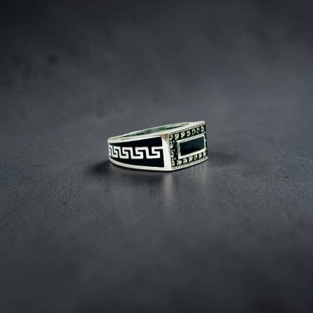 Ancient Greek Meander with zircon Stone Turkish 925 Silver Gent's Ring