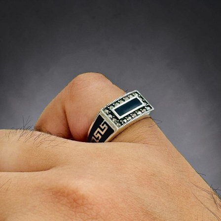 Ancient Greek Meander with zircon Stone Turkish 925 Silver Gent's Ring - Image 3