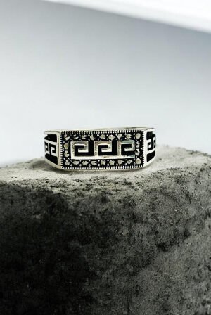 Ancient Greek Meander with zircon Stone Turkish 925 Silver Gent's Ring