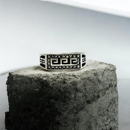 Ancient Greek Meander with zircon Stone Turkish 925 Silver Gent's Ring