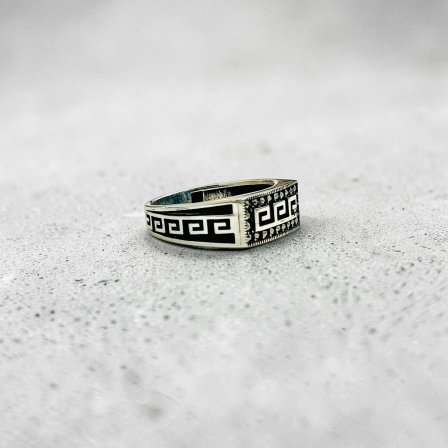 Ancient Greek Meander with zircon Stone Turkish 925 Silver Gent's Ring - Image 2