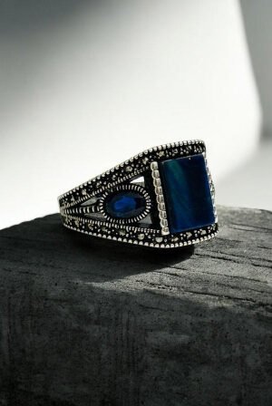 Blue Tiger Eye Stone Turkish 925 Silver Gent's Ring