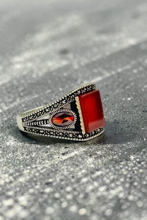 Red Aqeeq Stone Turkish 925 Silver Gent's Ring