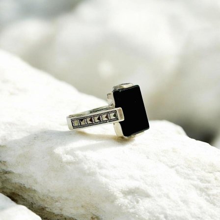 Black Onyx Stone Turkish 925 Silver Gent's Ring