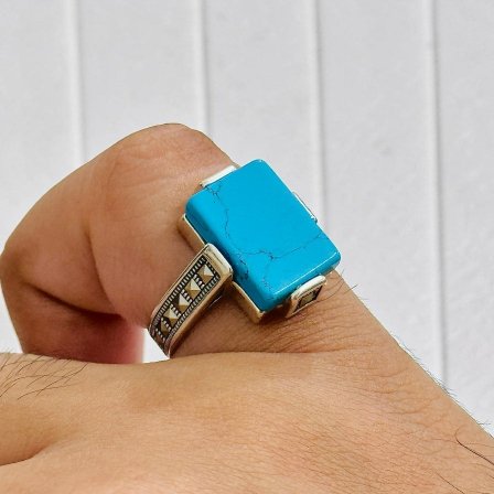 Feroza Stone Turkish 925 Silver Gent's Ring - Image 3