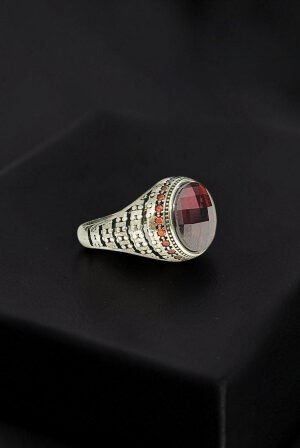 Turkish 925 Silver Ladies Ring with Red Zircon Stone