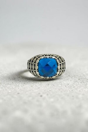 Turkish 925 Silver Ladies Ring with Blue Zircon Stone