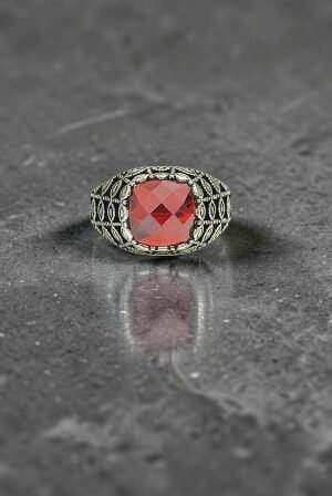 Turkish 925 Silver Ladies Ring with Red Zircon Stone